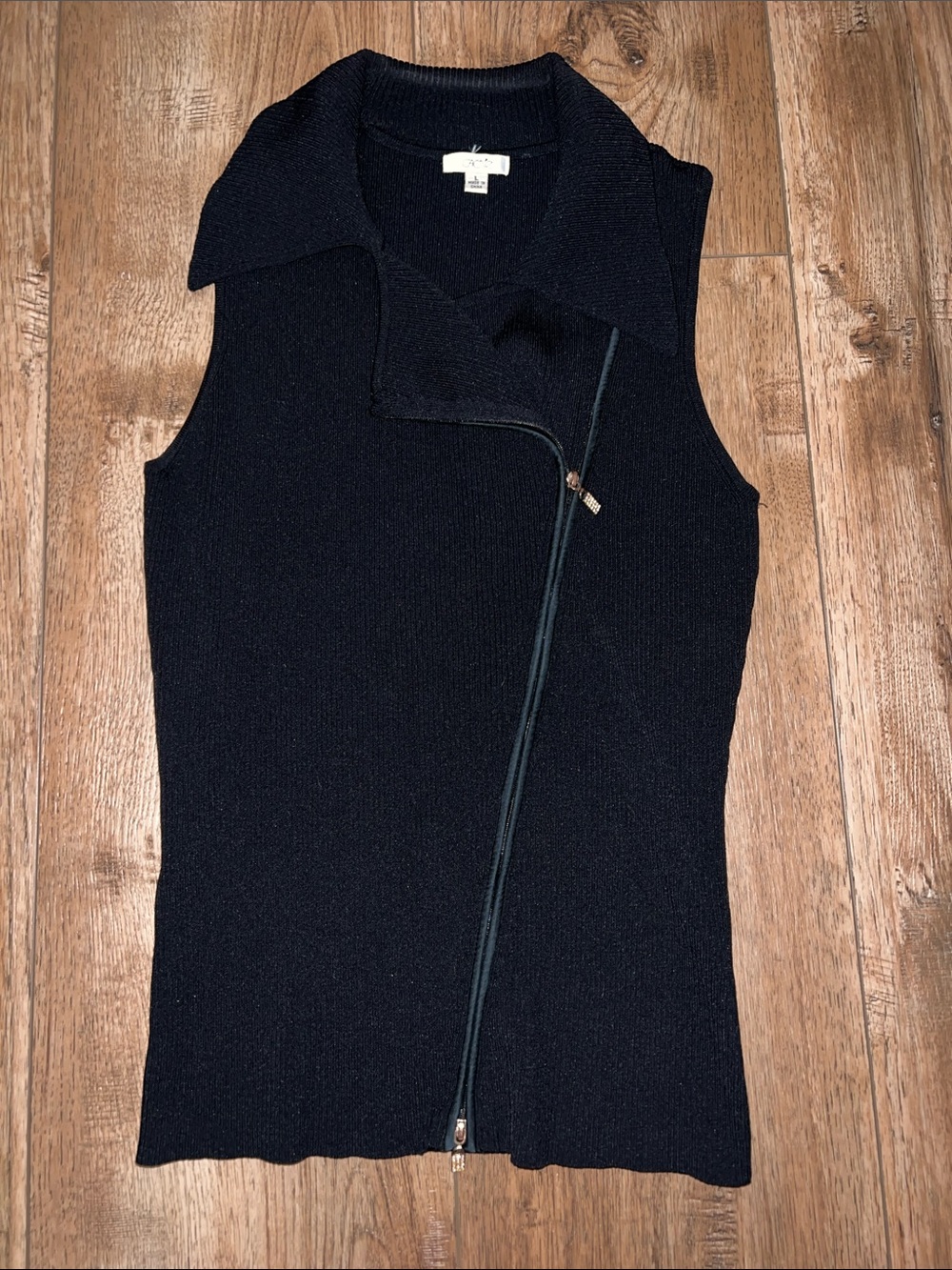 Cache Black 2 WAY Diagonal Rhinestone ZIPPER Rib Knit Top Wayne Rogers Large